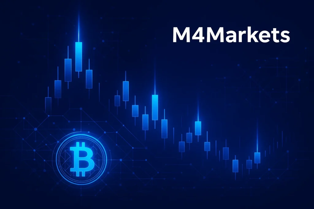 صورة لأسواق العملات المشفرة توضح آلياتها وتأثيراتها مع عناصر البلوكتشين وشعار M4Markets.
