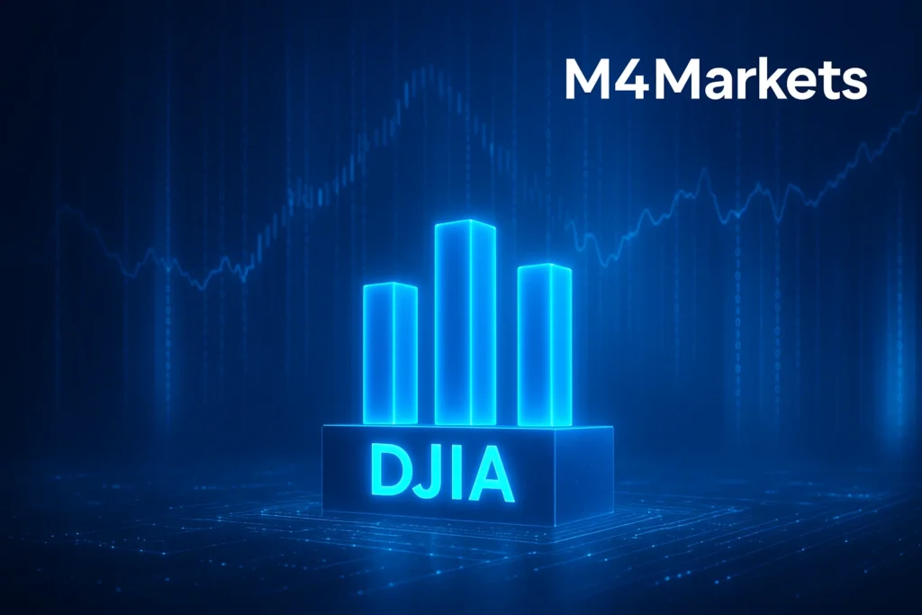 تصميم رمزي لمؤشر داو جونز، يظهر ثلاثة أعمدة متوهجة تمثل 30 شركة كبرى، مما يعكس الثبات والاستقرار على منصة رقمية.