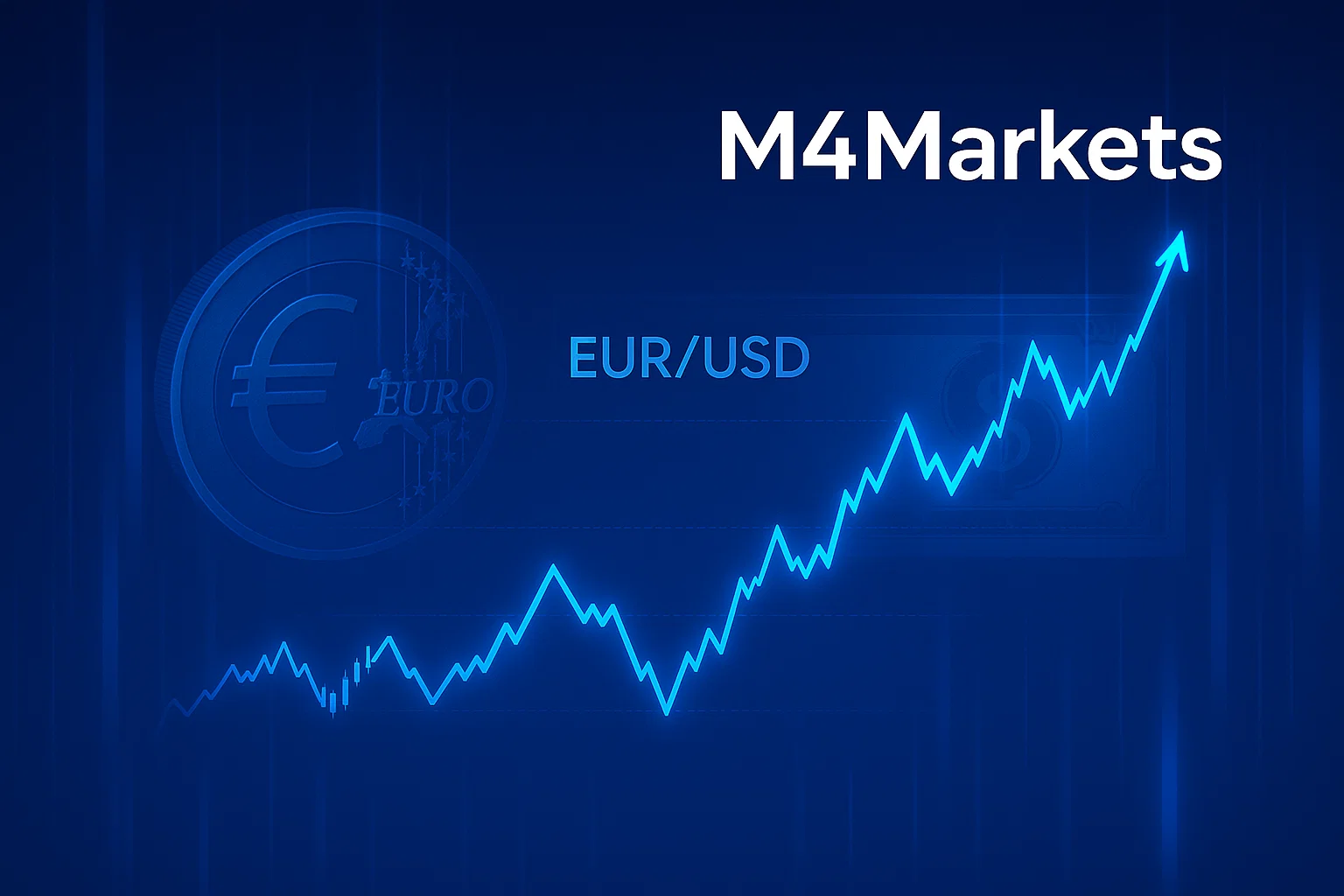 صورة احترافية لزوج EUR/USD في عالم الفوركس، تُظهر رسومًا بيانية زرقاء نيون على خلفية رقمية داكنة، تمثل دليل التداول والمخاطر.