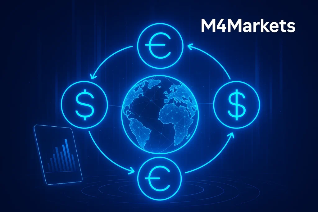 تصميم رقمي عالي التقنية يوضح أساسيات تعريف تداول العملات الأجنبية والتبادل العالمي للعملات عبر شبكة رقمية متوهجة. شعار M4Markets في الزاوية العلوية اليمنى.