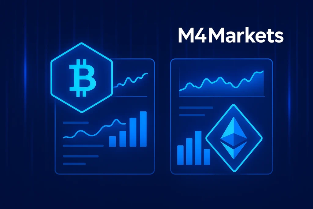 عرض رقمي مبسط يوضح نقاط البيانات الرئيسية والمقارنة بين البيتكوين والإيثيريوم.