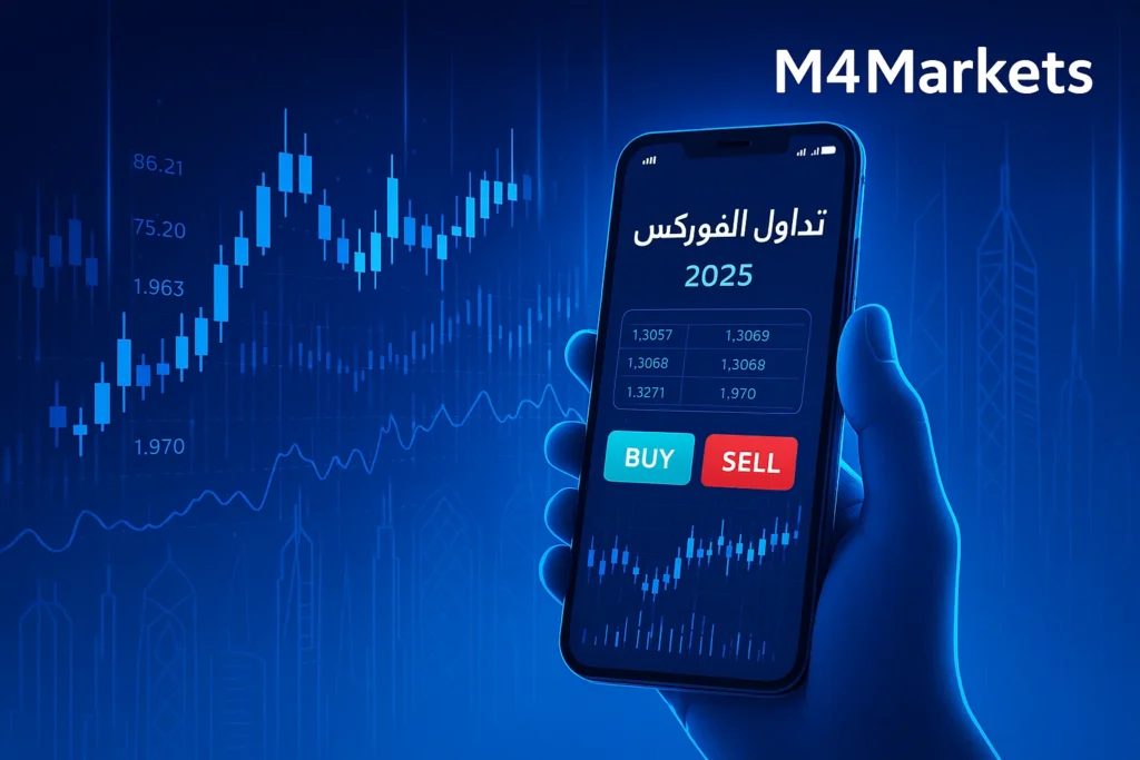 صورة مستقبلية ذات تقنية عالية لتطبيق تداول فوركس على هاتف ذكي، مع رسوم بيانية مضيئة وخلفية رقمية زرقاء عميقة، تعكس تداول العملات في منطقة الشرق الأوسط وشمال إفريقيا 2025.