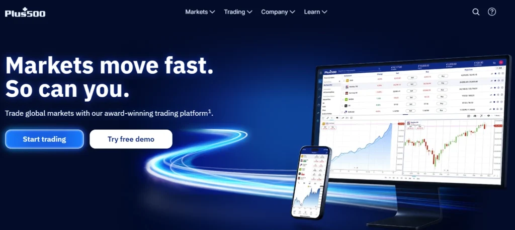 تصميم واجهة المستخدم لمنصة Plus500، يوضح سهولة الاستخدام والتخصص في عقود الفروقات (CFDs) بدون عمولة