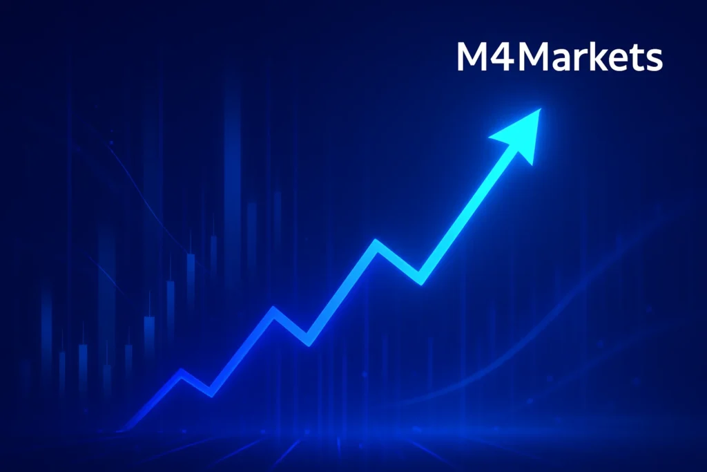 짙은 파란색 금융 배경에서 깨끗하고 위로 향하는 네온 성장 라인을 특징으로 하는 CFD 거래의 장점을 상징하는 역동적인 이미지.