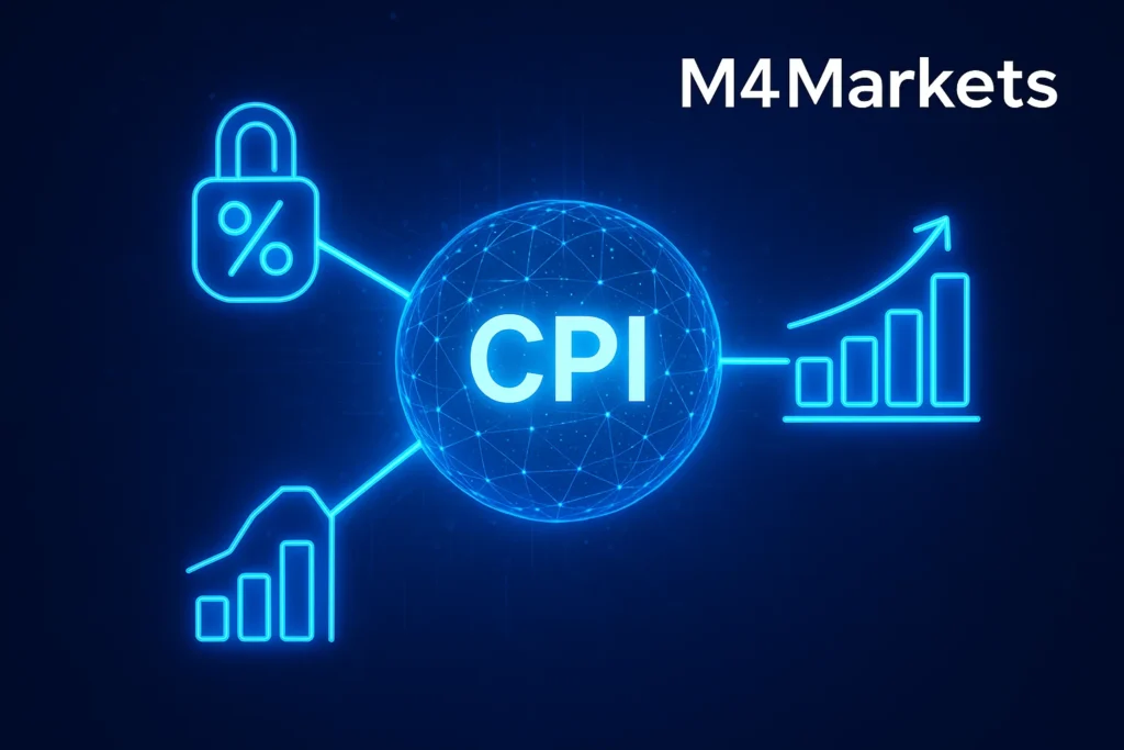 CPI 데이터가 금리 및 GDP와 같은 다른 주요 경제 지표들과 복잡하게 연결된 모습을 보여주는 미래 지향적 분석 이미지.