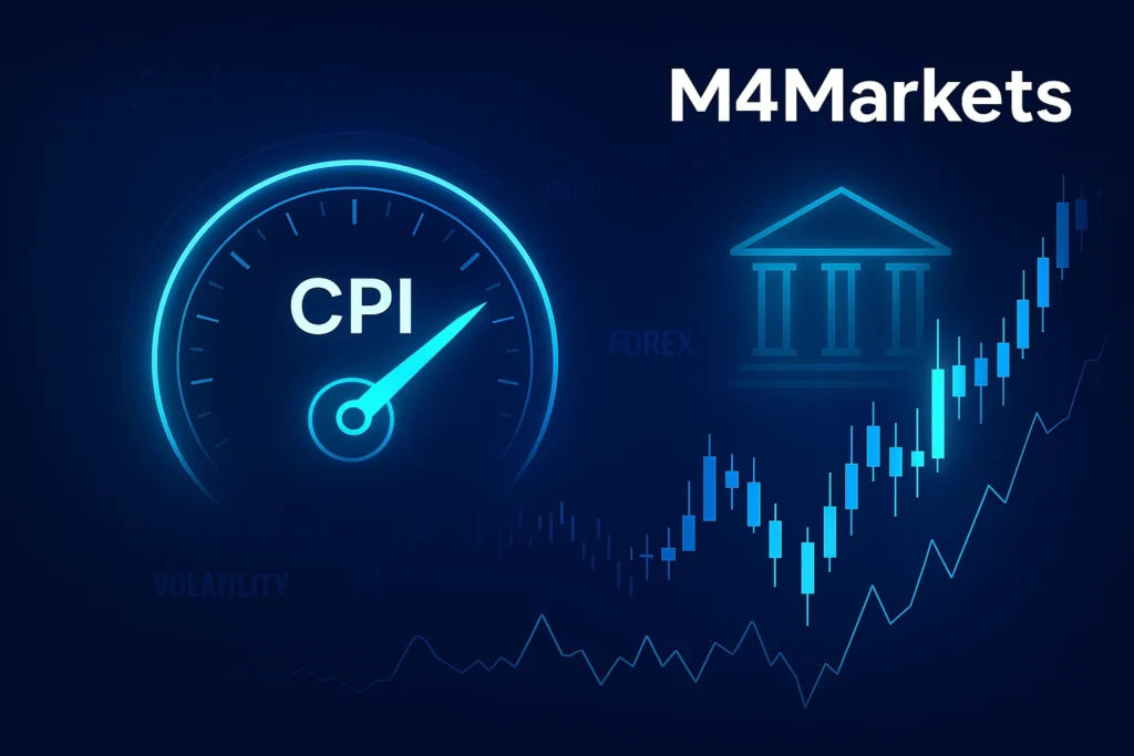 CPI 데이터가 외환 시장의 변동성을 촉발하고 통화 정책에 영향을 미치는 중요성을 시각화한 네온 그래프 이미지.