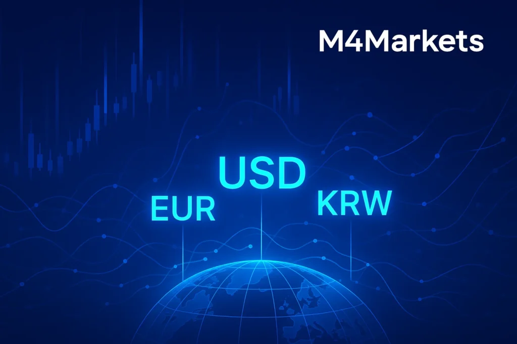 외환 거래의 기초 개념과 핵심 용어를 나타내는, 디지털화된 통화 기호와 글로벌 네트워크를 보여주는 이미지.