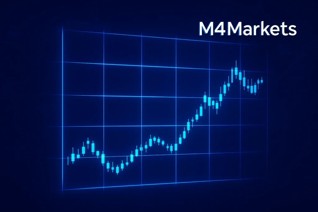 금융 차트에 네온 격자선이 표시된 격자 거래 전략의 깨끗하고 개념적인 정의 시각화.