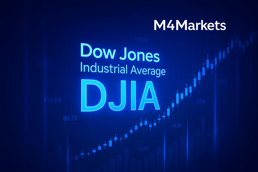 다우존스 산업평균지수를 상징하는 미래 금융 이미지.