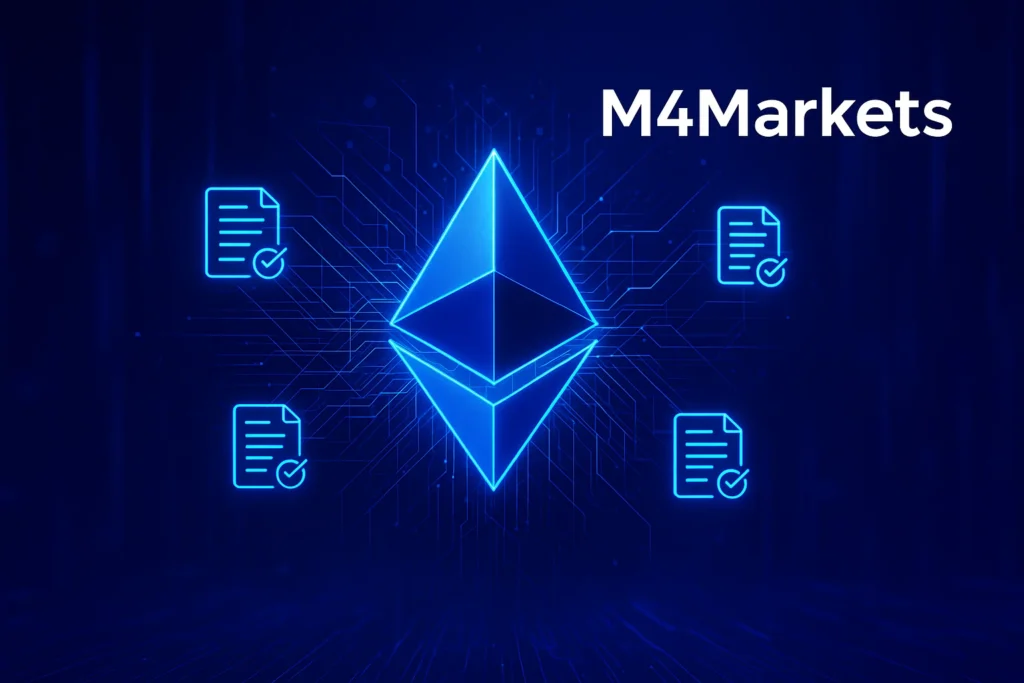 이더리움(ETH)의 프로그래밍 가능한 블록체인 플랫폼과 스마트 계약 기능을 시각화한 미래 지향적 이미지