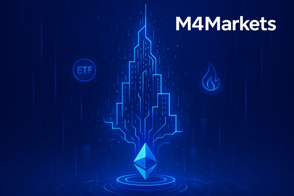 이더리움의 Web3 인프라, 기관 투자 유입 및 토큰경제학적 성장을 시각화한 이미지