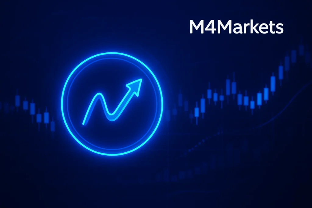 가격 움직임의 모멘텀과 속도를 상징하는 스타일화된 구체와 화살표가 있는 미래 지향적인 RSI 정의 이미지.