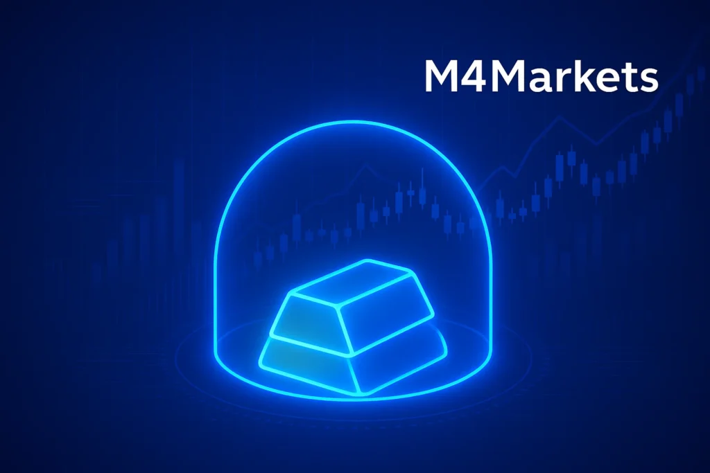 디지털 보호막 아래의 네온 파란색 금괴를 보여주는 미래 지향적인 이미지. 금 투자의 안전성을 나타냅니다. 