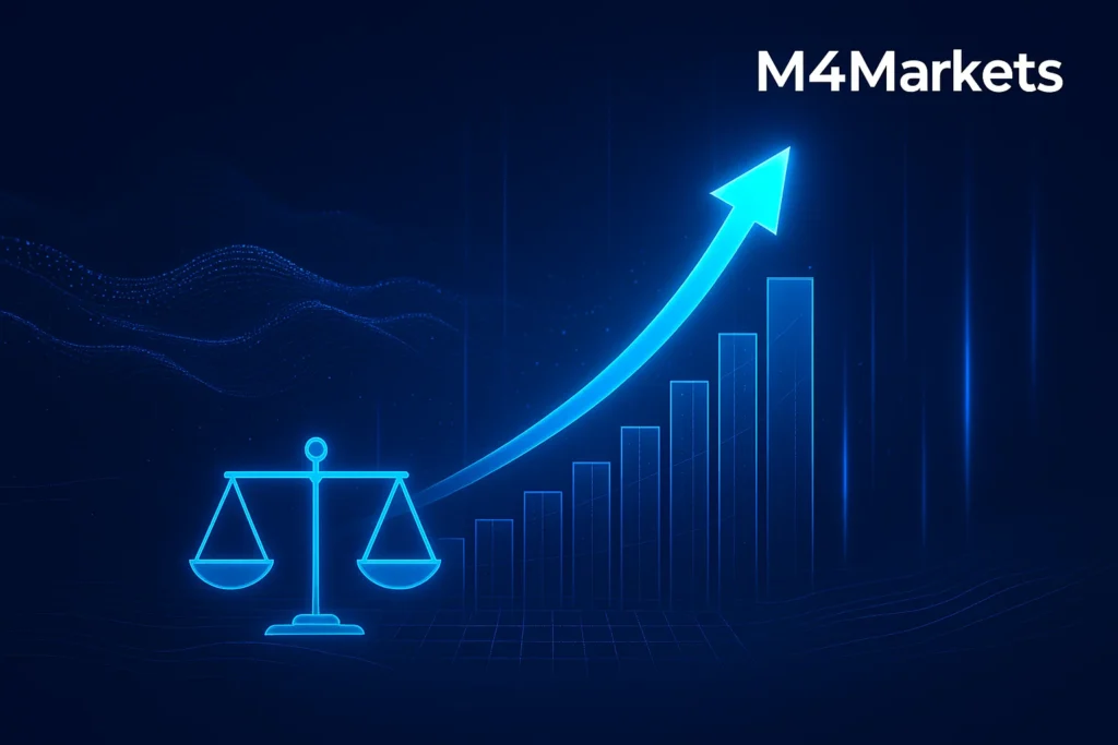 위로 향하는 성장 궤적과 데이터 스트림으로 거래 성과와 수익성을 시각화하며 성공적인 금융 결과를 강조하는 이미지.