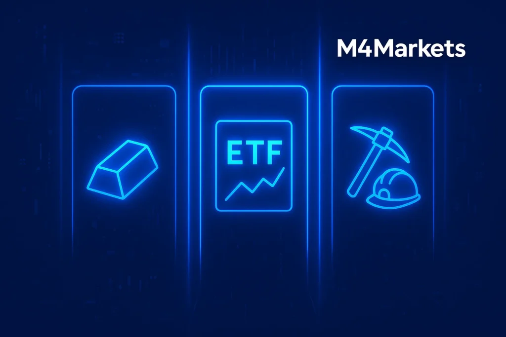 네온 파란색으로 렌더링된 금 투자 방법을 나타내는 세 가지 기호(금괴, ETF, 채굴)가 있는 분할된 미래형 화면. 