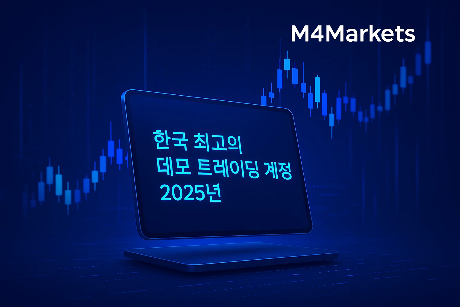 한국 최고의 데모 트레이딩 계정 2025년 제목이 표시된 미래 지향적인 홀로그램 화면, 네온 그래프와 디지털 데이터 스트림 배경.