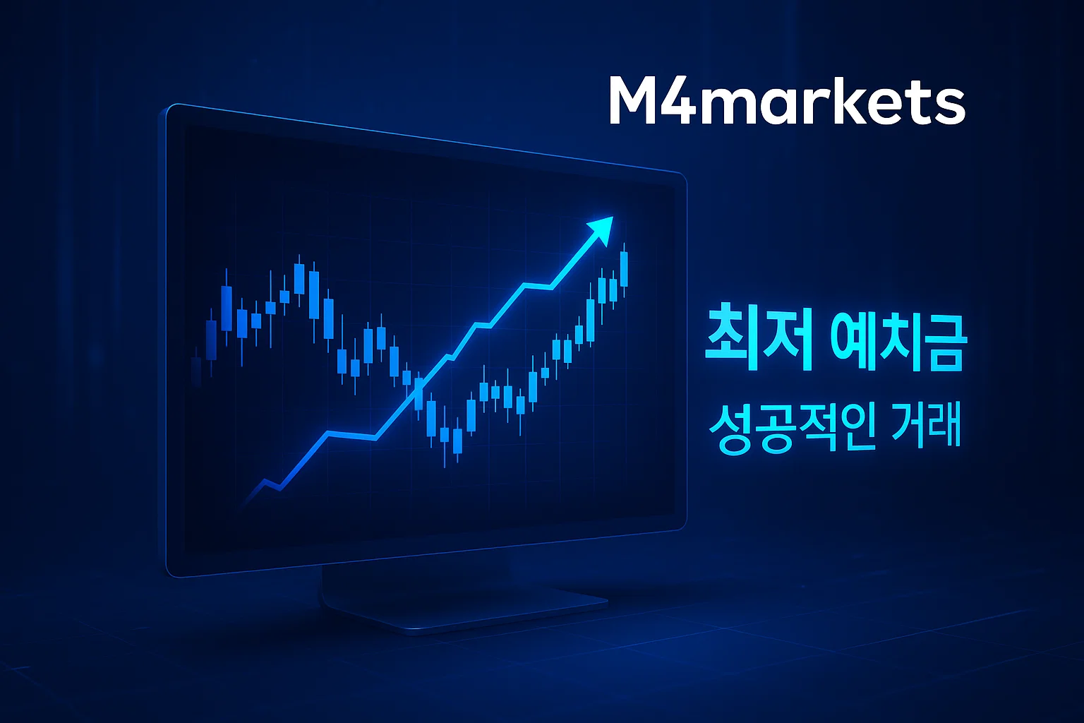 미래 지향적인 파란색 배경에서 네온 불빛으로 빛나는 외환 차트. M4markets 로고와 '최저 예치금' 텍스트가 한국의 저예금 브로커 성공을 상징합니다.