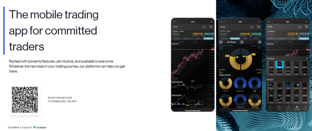  CMC Markets의 Next Generation 모바일 앱. 복잡한 차트 분석 도구와 사용자 정의 가능한 레이아웃을 보여줍니다.