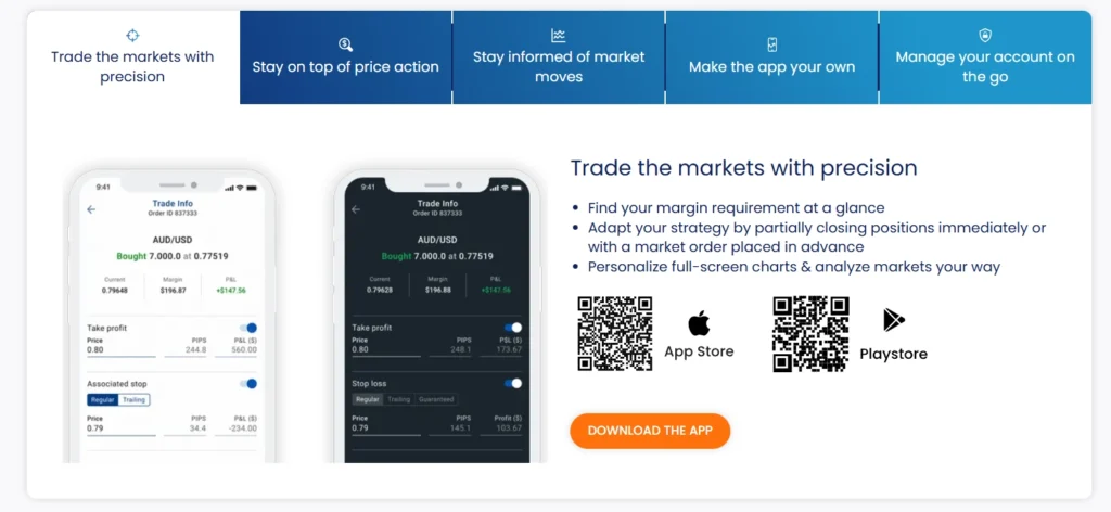 Forex.com 모바일 앱의 가격 견적 및 거래 실행 화면. 경쟁력 있는 스프레드와 안정성을 나타냅니다.