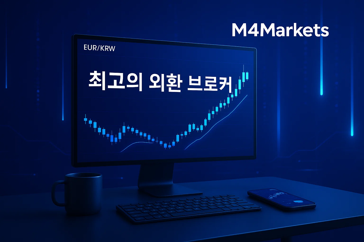 2025년 한국 초보자용 최고의 외환 브로커를 보여주는 미래지향적 이미지. 깨끗한 책상 위의 화면에는 EUR/KRW 차트와 한국어 문구가 표시됩니다.