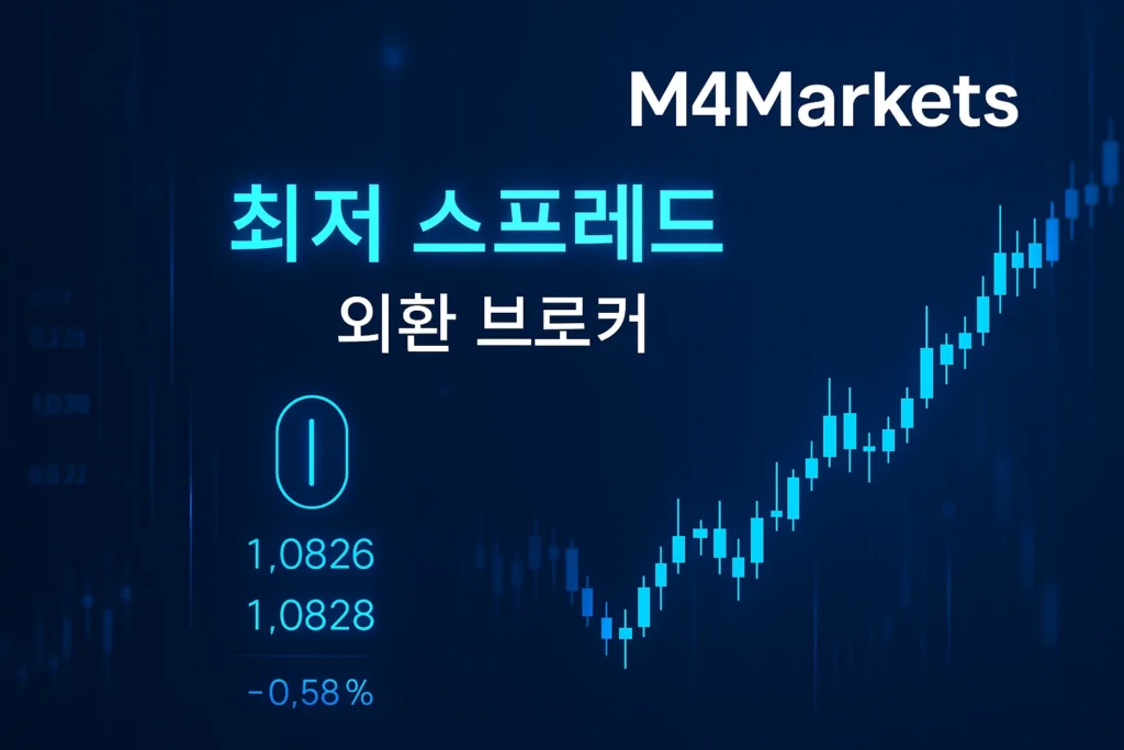 네온 블루 액센트와 M4markets 로고가 있는, 최저 스프레드 외환 브로커를 나타내는 미래 지향적인 이미지.