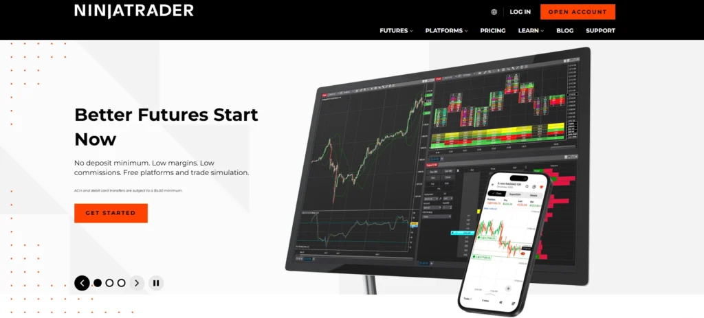 NinjaTrader 플랫폼에서 전문적인 선물 트레이딩 차트와 기술 분석 도구가 활성화된 모습, 자동매매 전략을 시뮬레이션하는 화면.
