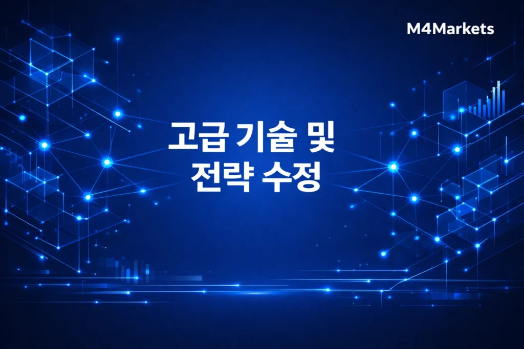 고급 기술 및 전략 수정 텍스트와 브랜드 색상의 디지털 데이터 포인트가 포함된 M4Markets 배경