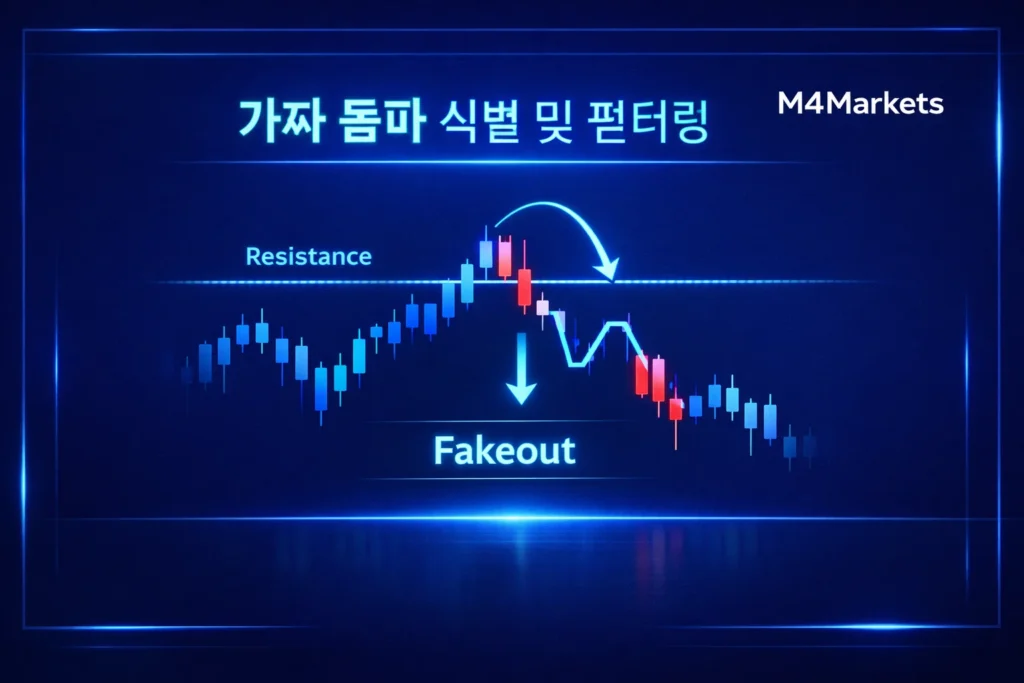 가짜 돌파 페이크아웃 식별과 필터링 기법을 설명하는 고기술 디지털 차트