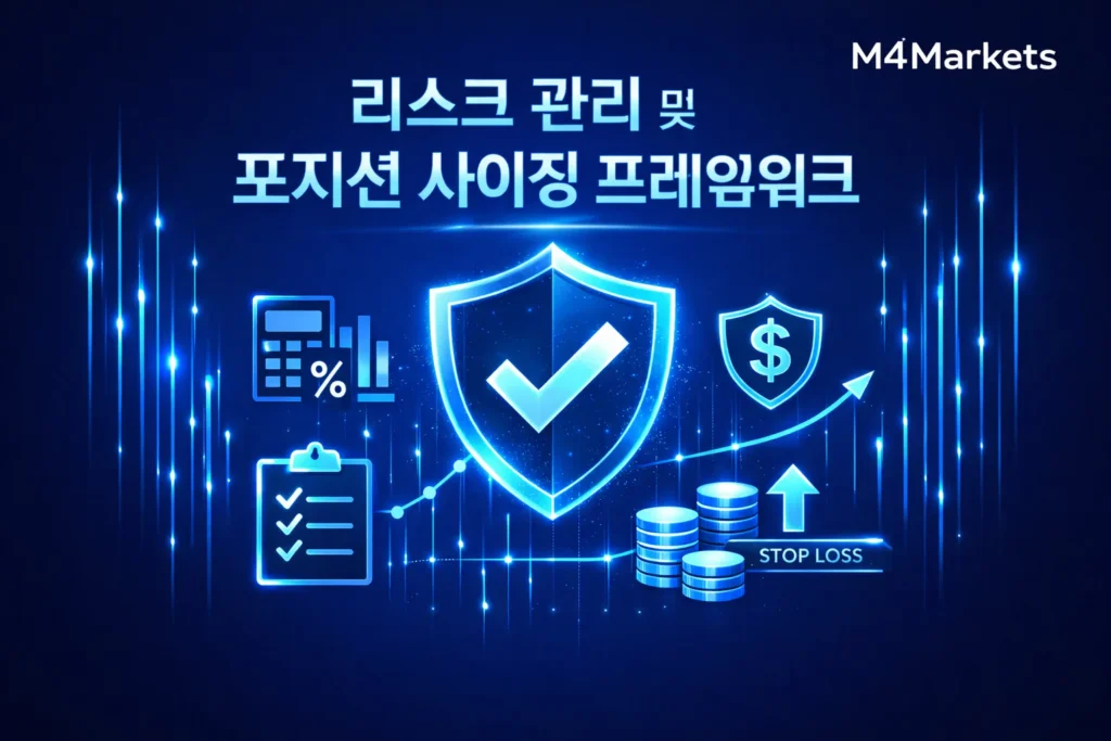 리스크 관리 및 포지션 사이징 프레임워크와 자본 보호 기술을 보여주는 이미지