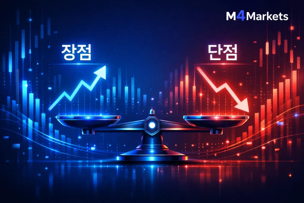 Admiral Markets 플랫폼의 장점과 단점을 시각화한 고해상도 디지털 금융 분석 이미지.