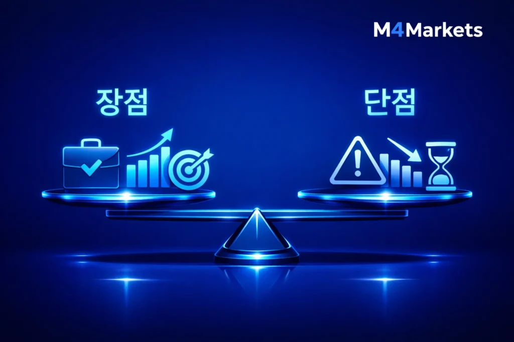 AvaTrade 플랫폼의 장점과 단점을 비교 분석한 테크니컬 그래픽 이미지.