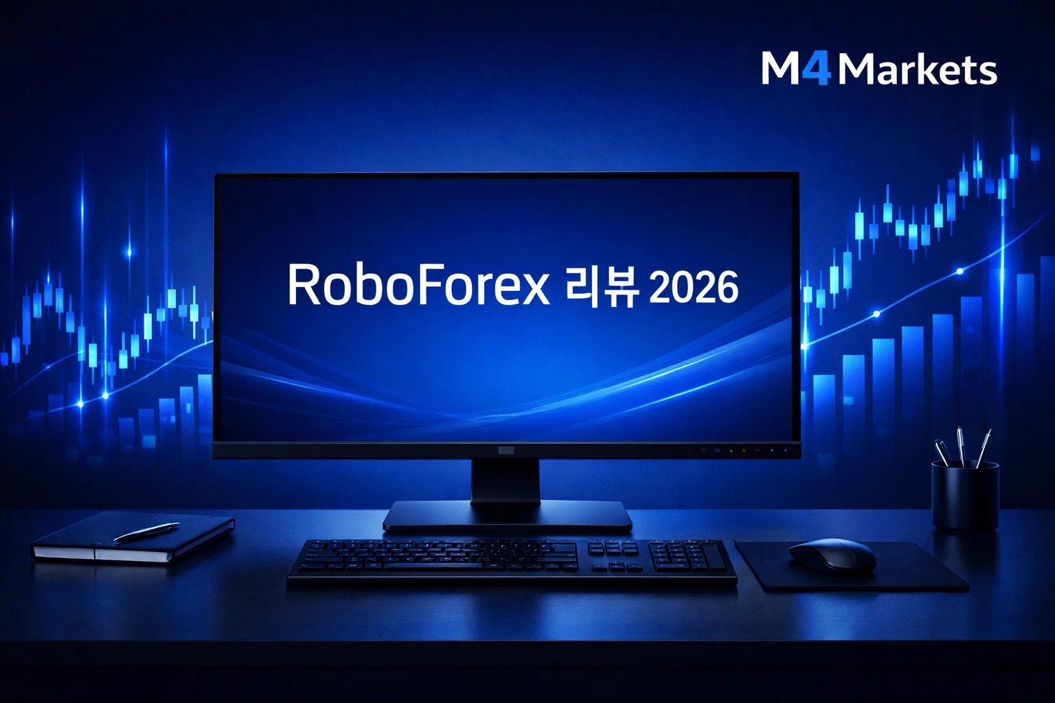 RoboForex 리뷰 2026 거래 조건 및 수수료 분석을 나타내는 미래 지향적인 금융 기술 이미지.