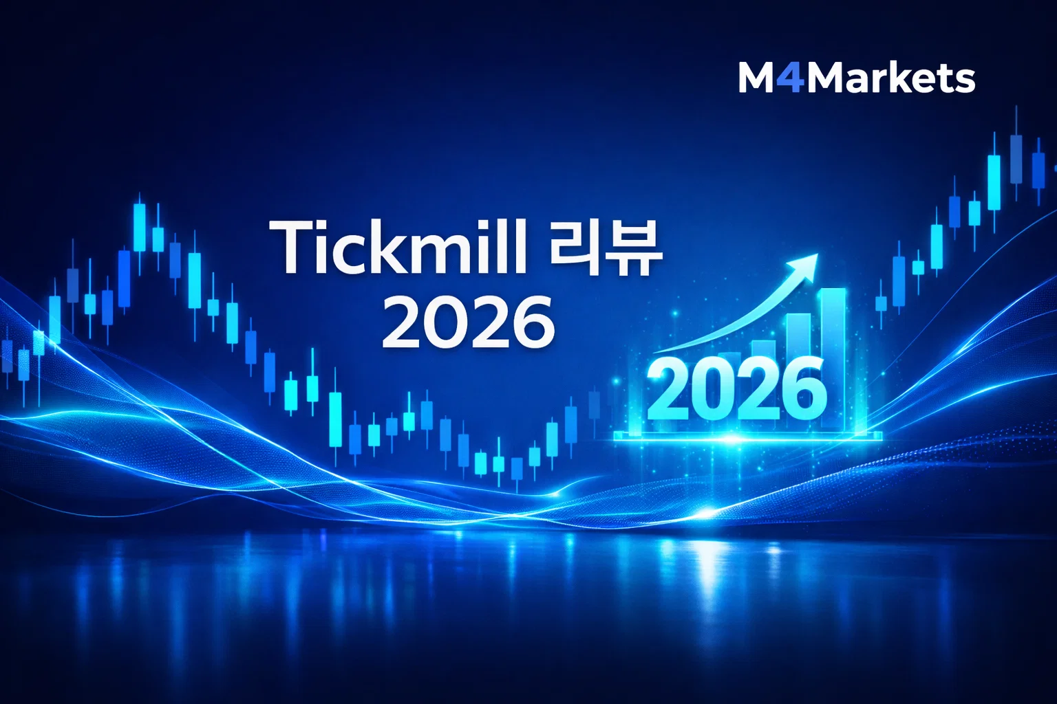 2026년 Tickmill 리뷰 및 매매 조건을 나타내는 고성능 트레이딩 인터페이스와 M4Markets 로고.