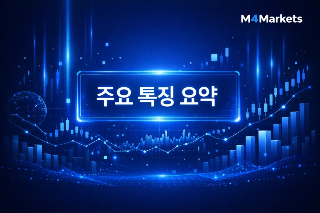 2026년 XM의 주요 금융 특징과 매매 도구를 요약한 고해상도 테크니컬 그래픽.