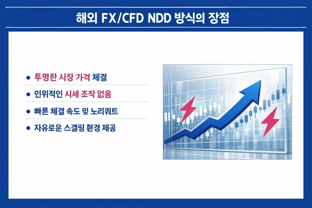 해외 FX 및 CFD NDD 방식의 주요 장점인 투명한 가격 체결과 빠른 속도를 설명하는 인포그래픽.