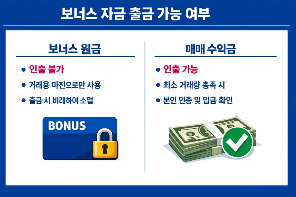 보너스 원금 인출 불가와 매매 수익금 인출 가능 조건을 비교 분석한 금융 인포그래픽 이미지.