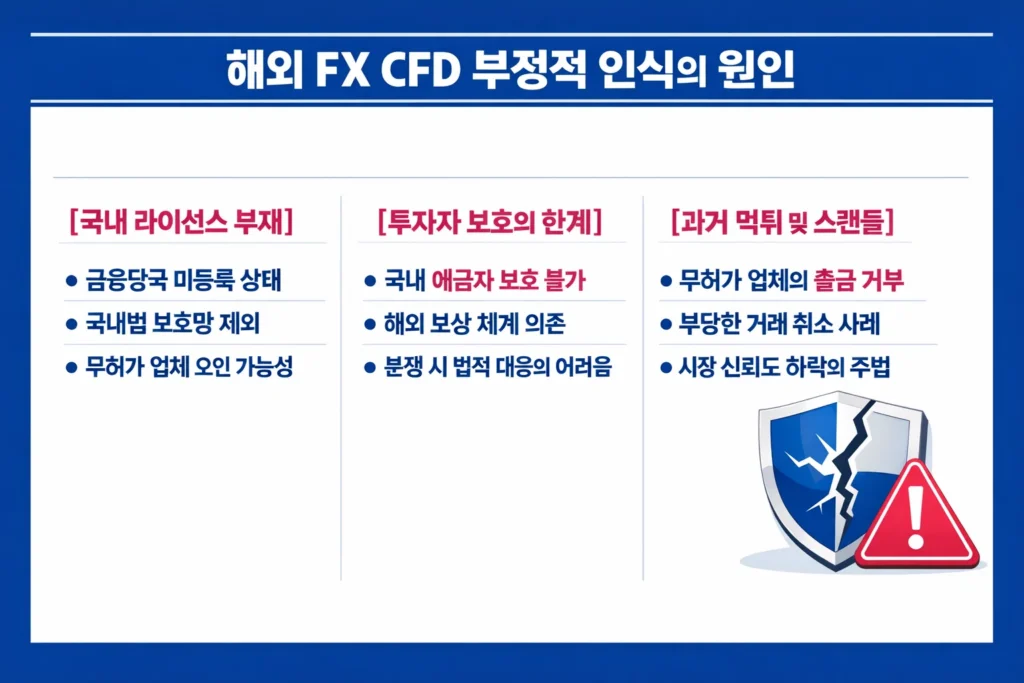 한국에서 해외 FX 및 CFD 거래에 대해 부정적인 인식이 생기게 된 주요 원인인 미등록 상태와 보호 제도 부재 설명 인포그래픽.