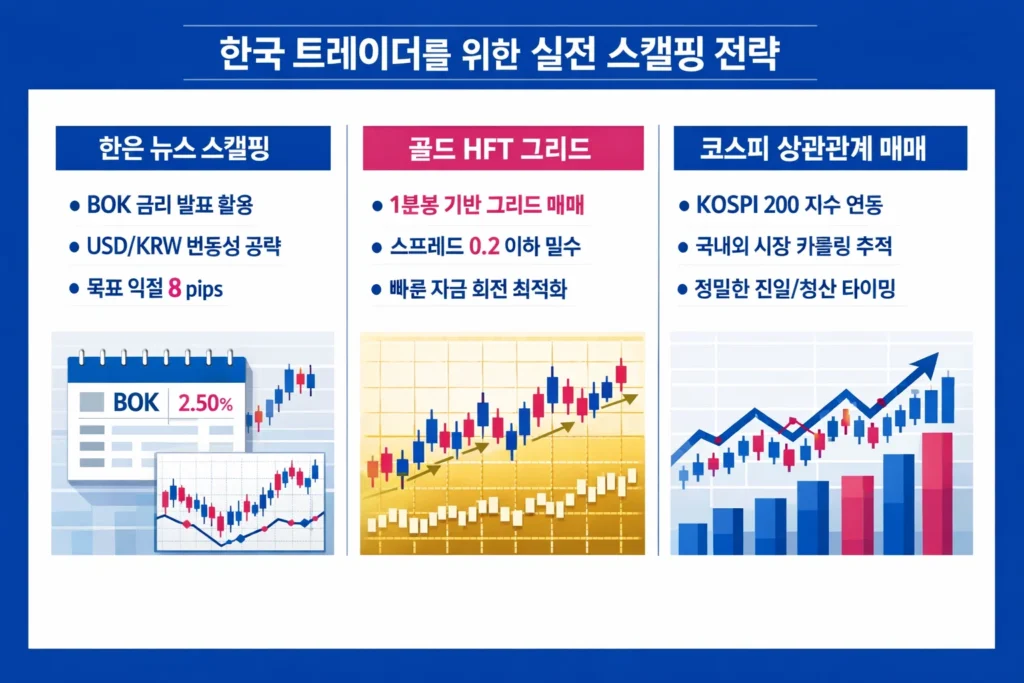 한국 시장의 경제 지표와 상관관계를 활용한 세 가지 실전 스캘핑 및 CFD 매매 전략 인포그래픽.