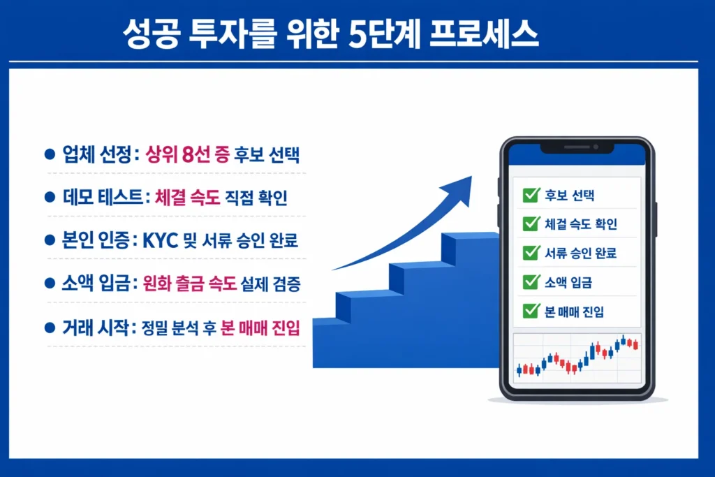 성공적인 해외 FX 투자를 위한 업체 선정, 데모 테스트, 인증, 입금 검증, 매매 시작의 5단계 과정을 설명하는 인포그래픽.