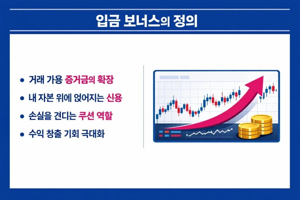 FX CFD 거래에서 입금 보너스가 증거금을 확장하고 손실 쿠션 역할을 하는 원리를 설명하는 금융 인포그래픽 이미지.