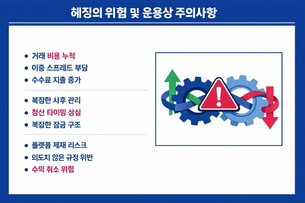 해외 FX 거래 시 헤징의 위험 요소 안내. 거래 비용 증가, 청산의 어려움 및 규정 위반 리스크 요약.