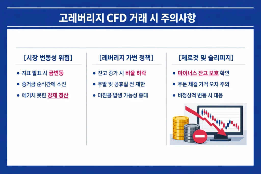 해외 FX 및 CFD 고레버리지 거래 시 반드시 주의해야 할 시장 변동성, 레버리지 제한, 제로컷 정책을 정리한 인포그래픽.