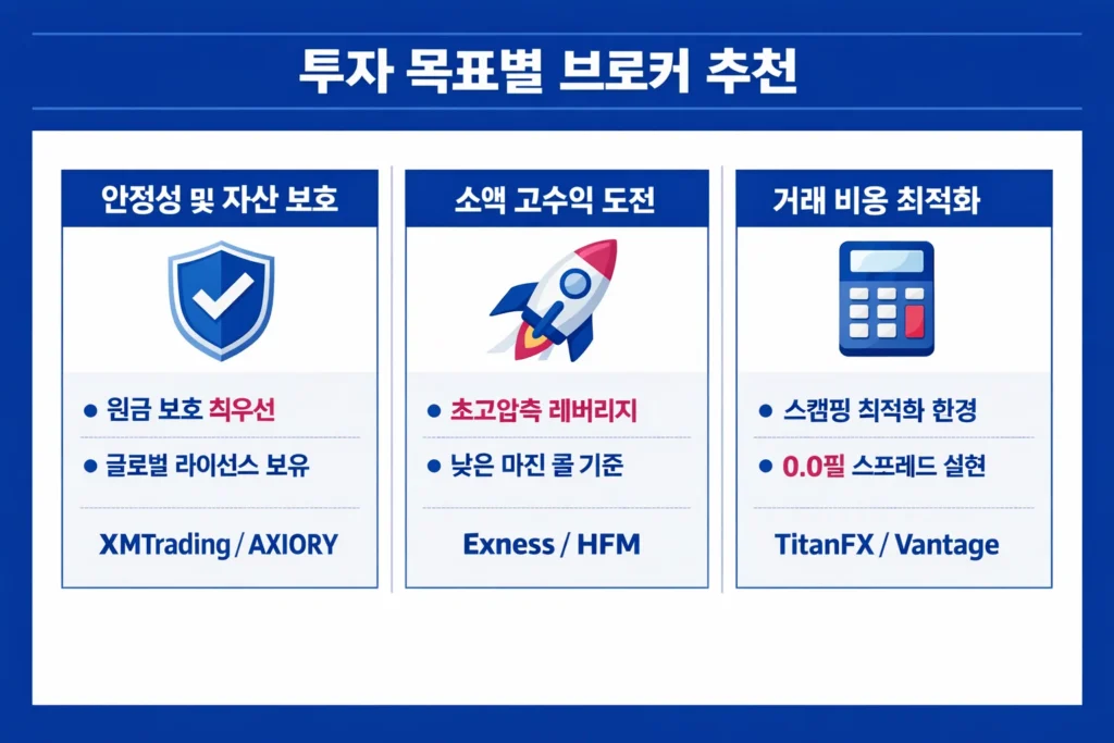 투자자의 목표(안정성, 고수익, 비용절감)에 따라 최적화된 해외 FX 브로커 순위를 정리한 인포그래픽.