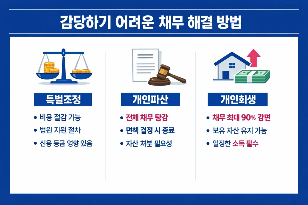 한국 트레이더를 위한 채무 해결 방법인 특별조정, 개인파산, 개인회생의 특징과 장단점 비교.