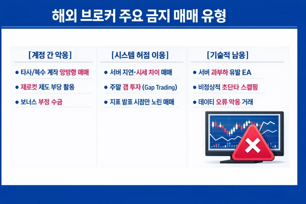 해외 FX 및 CFD 브로커가 금지하는 계정 간 양방향 매매, 시스템 악용, 기술적 남용 유형을 정리한 인포그래픽.