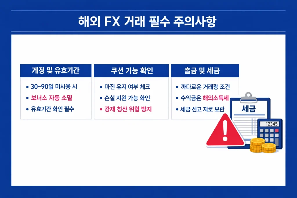 한국 트레이더를 위한 해외 FX 보너스 소멸, 쿠션 기능, 세금 관련 위험 요소를 정리한 3단 인포그래픽.