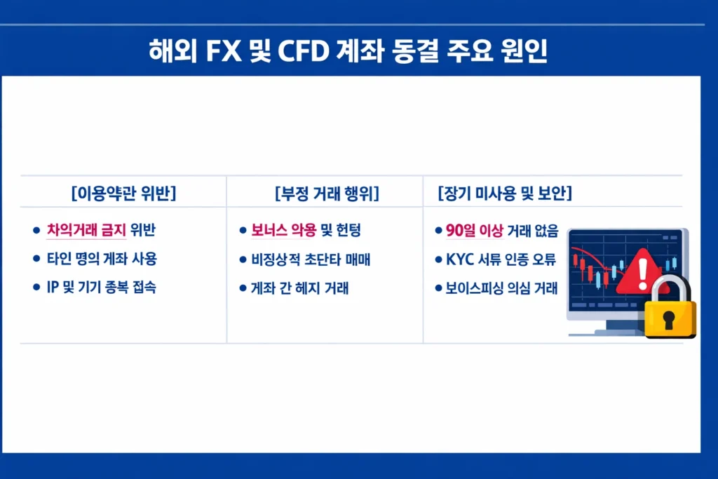 해외 FX 및 CFD 계좌가 동결되는 세 가지 주요 원인인 이용약관 위반, 부정 거래, 장기 미사용에 대한 인포그래픽.