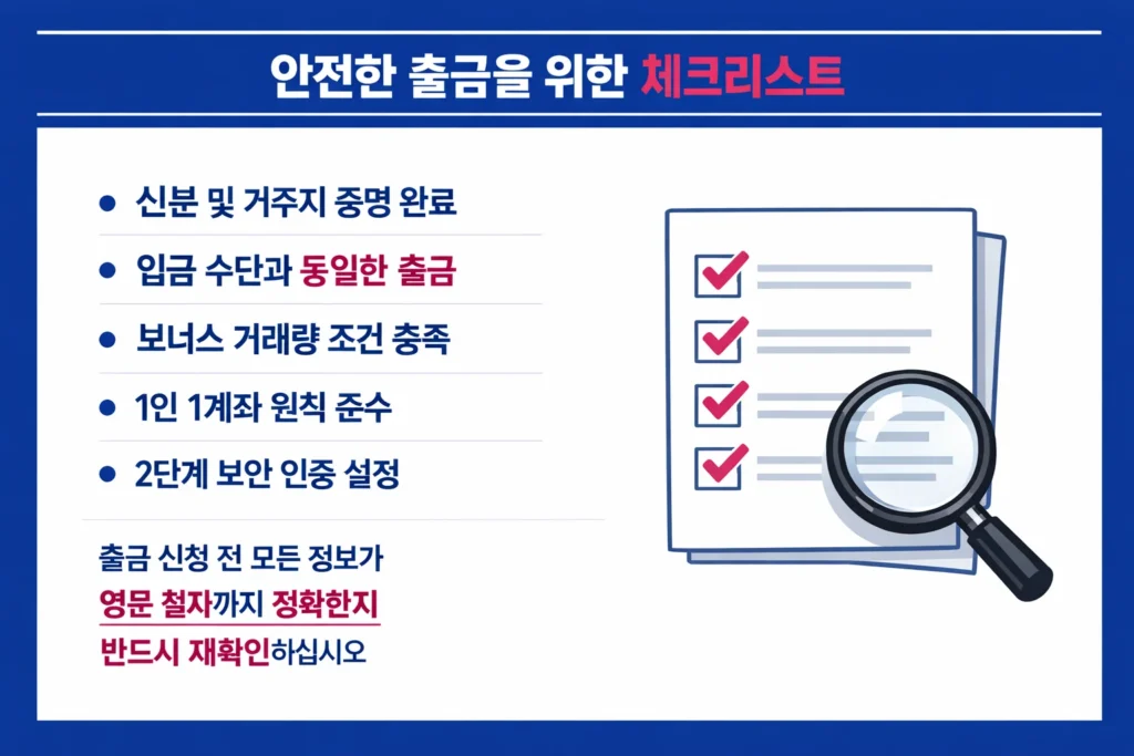 안전한 출금을 위해 신분 증명, 거래량 조건, 보안 설정 등 필수 확인 사항을 정리한 체크리스트 인포그래픽.