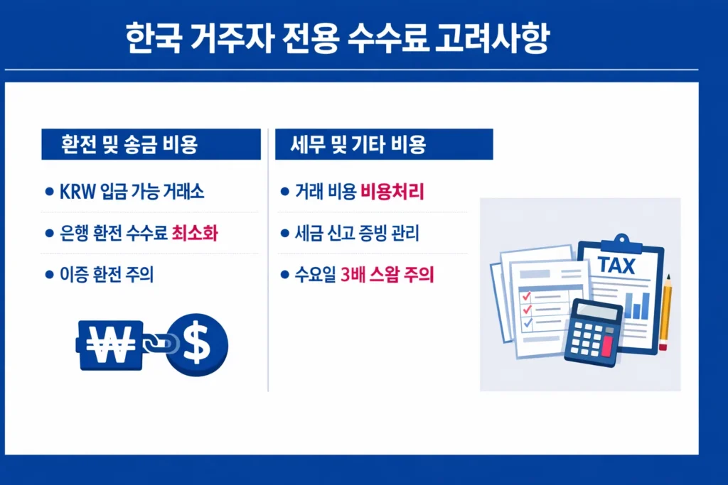 한국인 트레이더를 위한 환전 비용 절감 및 세금 신고 등 거주자 전용 수수료 가이드.
