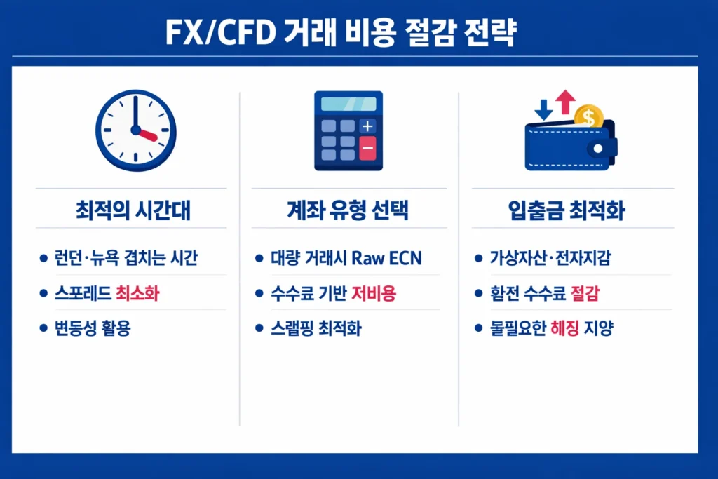 한국 트레이더를 위한 FX 및 CFD 거래 비용 절감 세 가지 핵심 전략 인포그래픽.